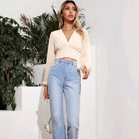 NEW Beige Swiss Dot Long Sleeve Crop Blouse - Picture 5 of 9